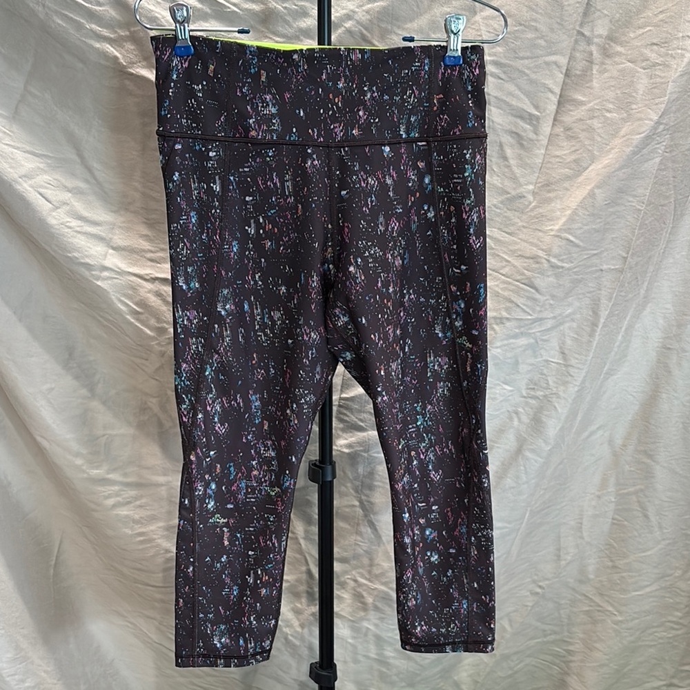 Athleta Purple Leggings with Abstract Pattern and Wide Waistband